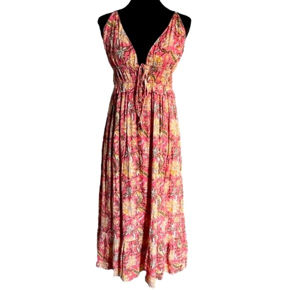 Boho Floral Maxi Dress Pink Metallic Tie Front Resort Festival | Size Small - Picture 1 of 11